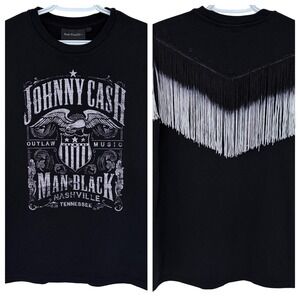 Upcycled Johnny Cash Graphic T Shirt Large Women's Black Fringe Western